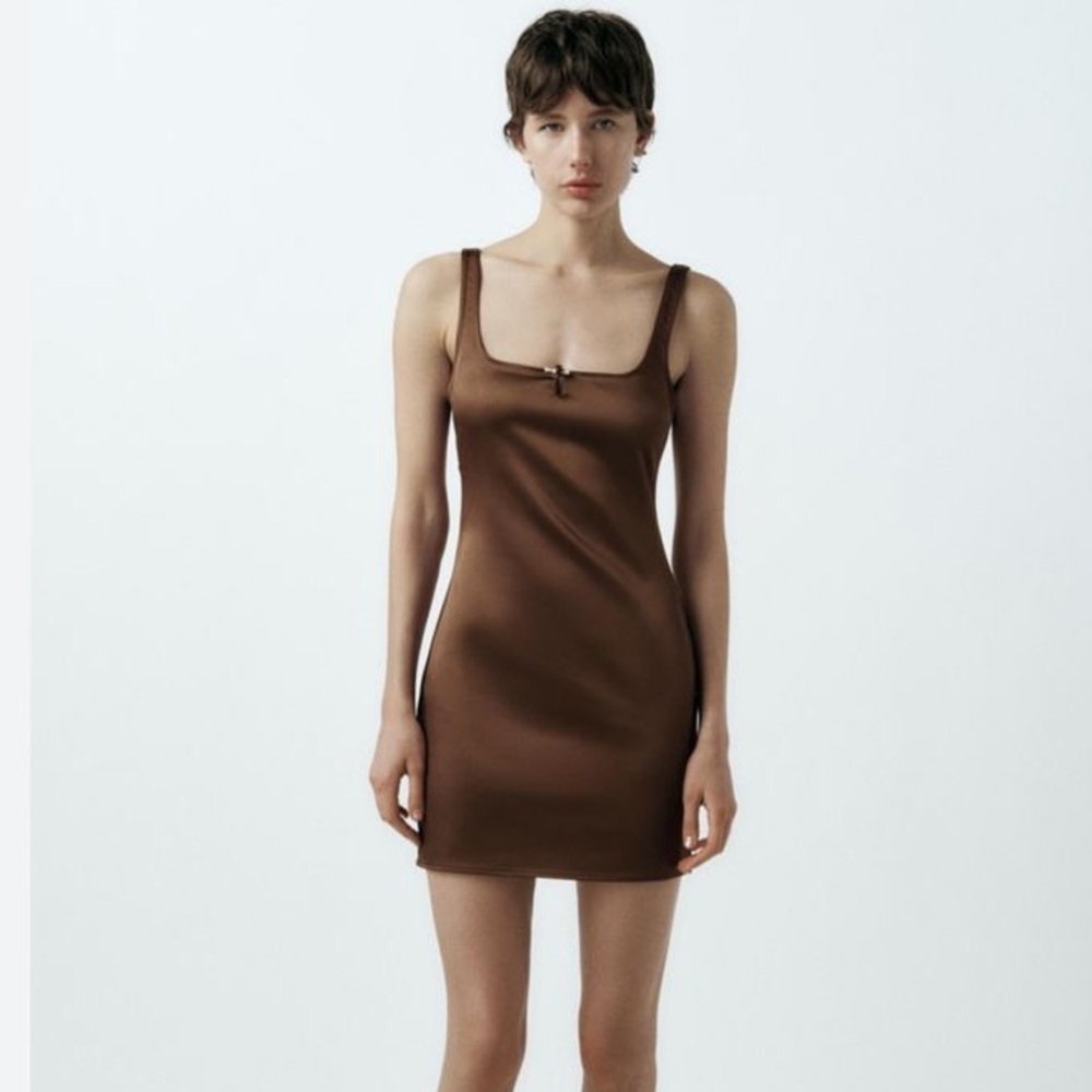 Brown satin fitted mini dress from Zara